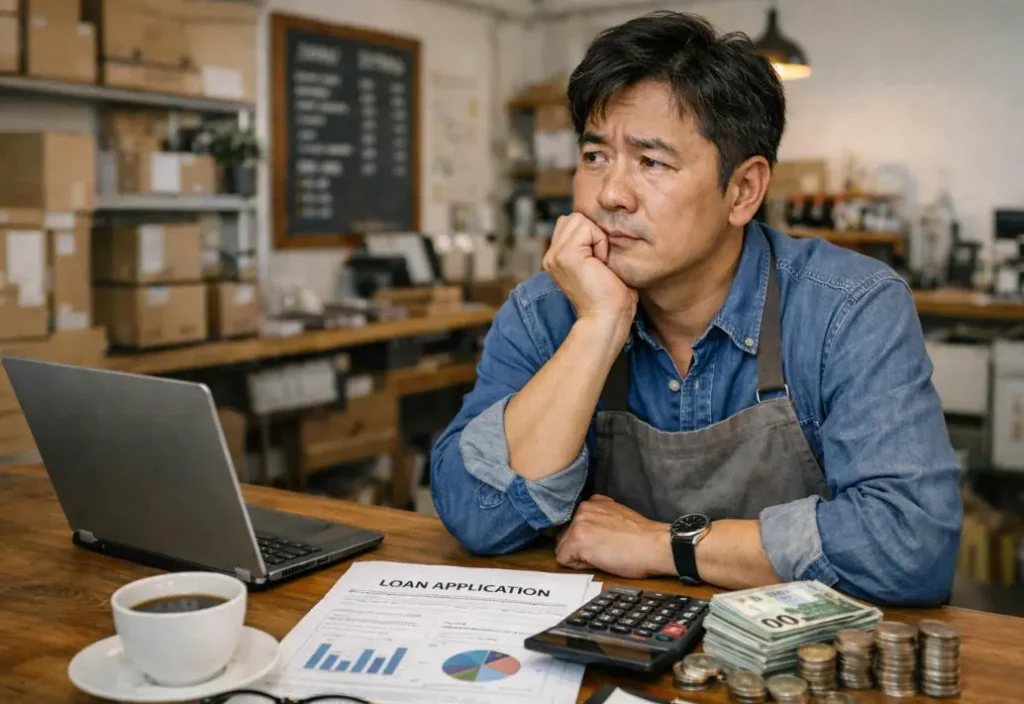 소상공인이 대출 신청 서류와 금융 정보를 검토하는 모습