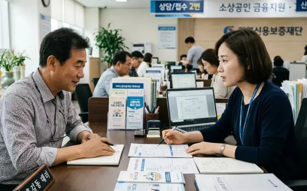 은행에서 사업자 대출 서류와 심사 조건을 확인하는 소상공인